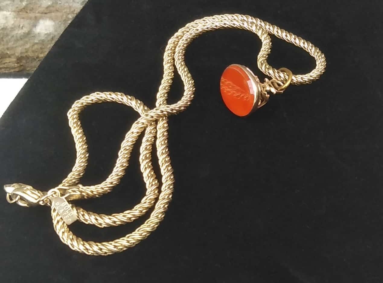Antique Victorian Gold-Cased Carnelian Fob Pendant Necklace – 24" Heavy Rope Chain Statement Piece